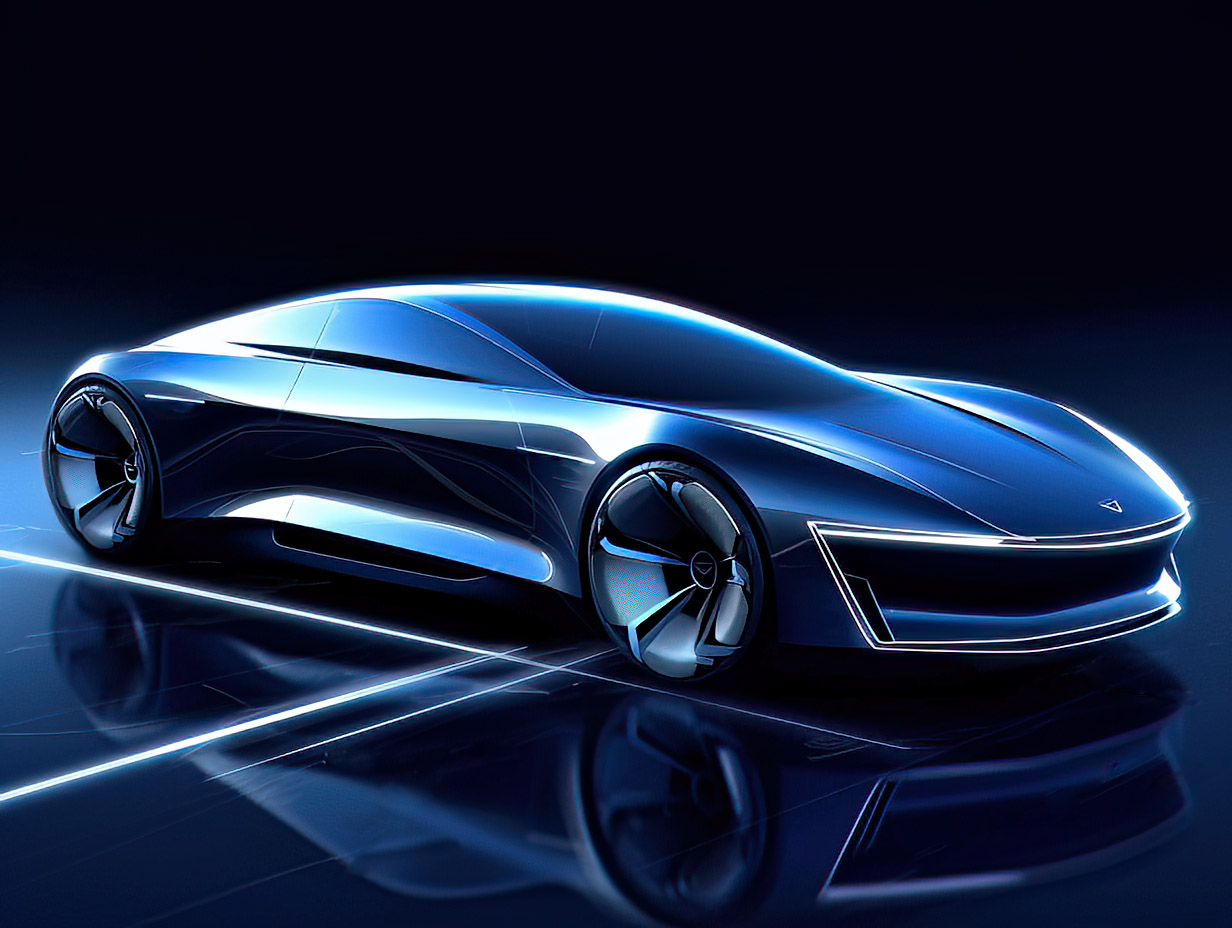 concept design of a futuristic and aerodynamic blue car on a reflective ground